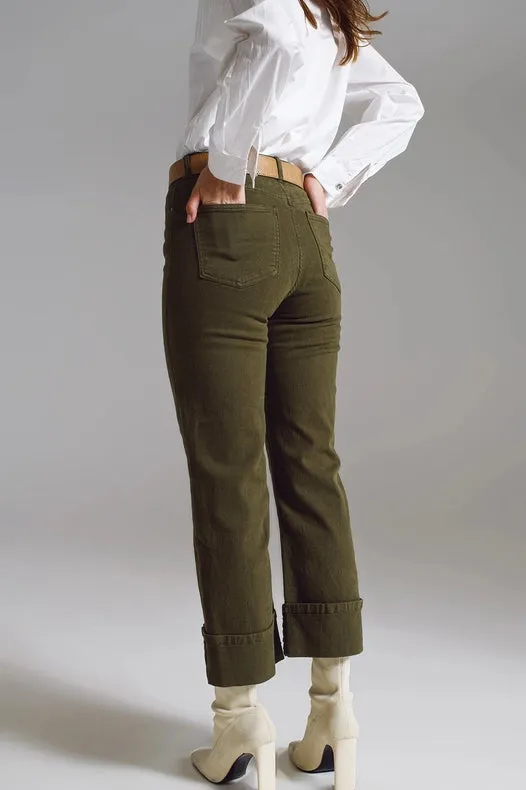 Straight Leg Jeans With Cropped Hem In Dark Green