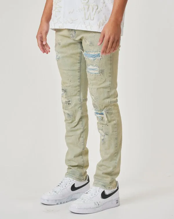 TAN SLIM FIT RIPPED DENIM