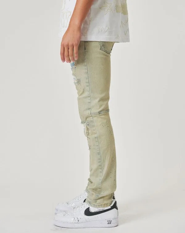 TAN SLIM FIT RIPPED DENIM