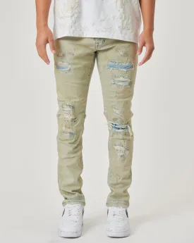 TAN SLIM FIT RIPPED DENIM