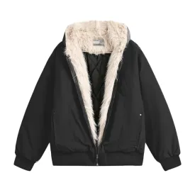 Technical fabric quilted jacket with fur trim