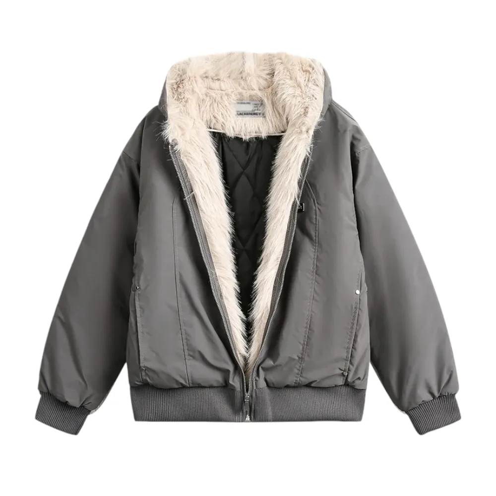 Technical fabric quilted jacket with fur trim