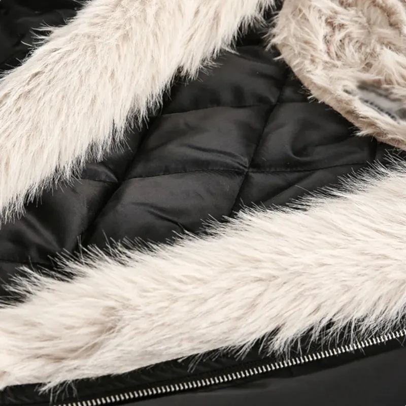 Technical fabric quilted jacket with fur trim