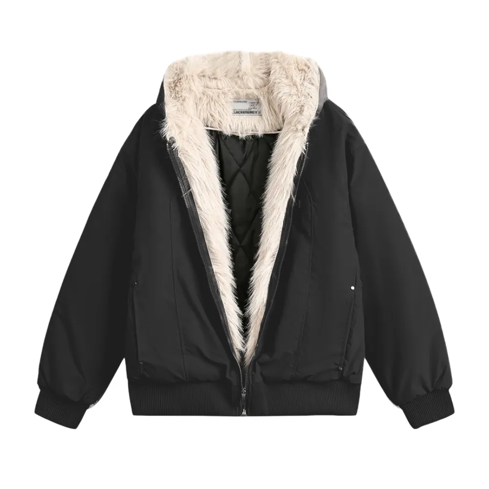 Technical fabric quilted jacket with fur trim