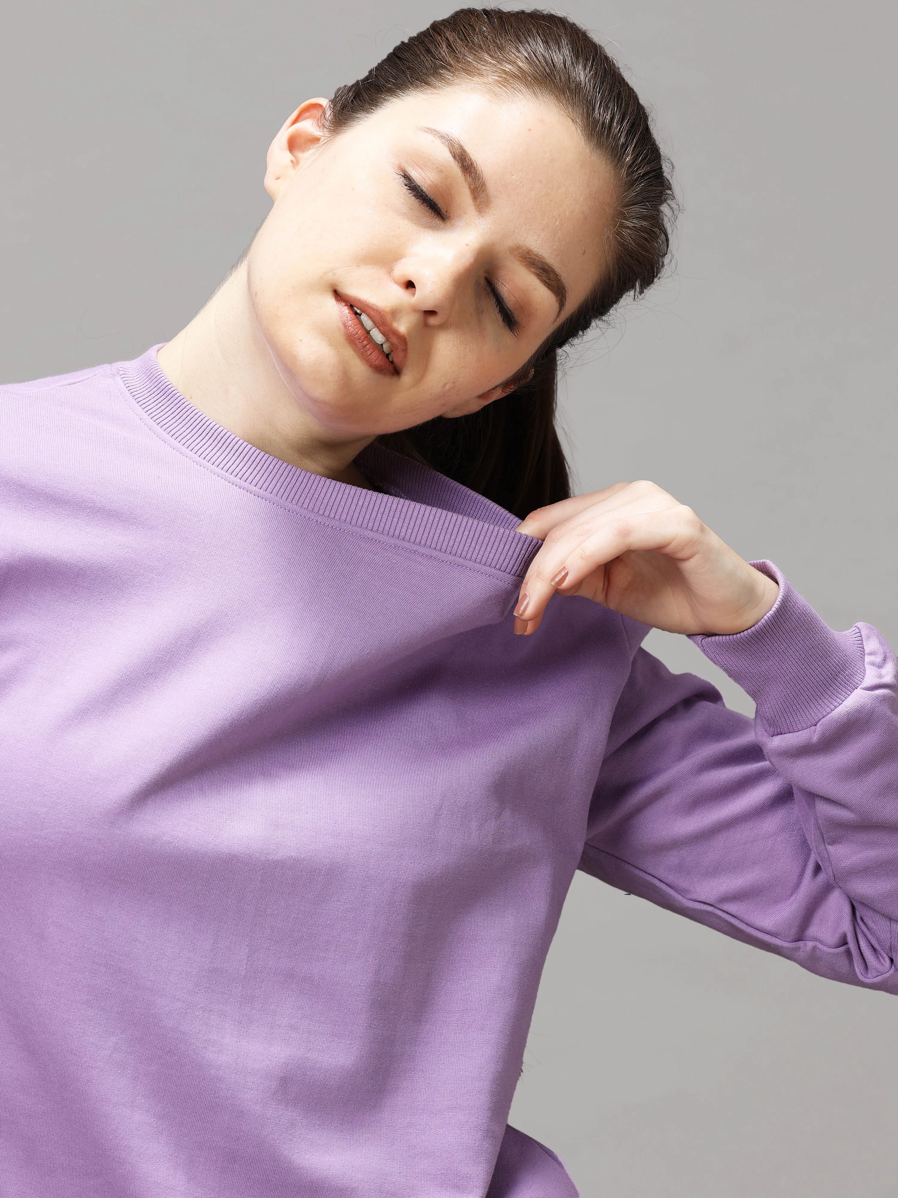 The Greenage Girl Solid Long Violet Sweat Shirt