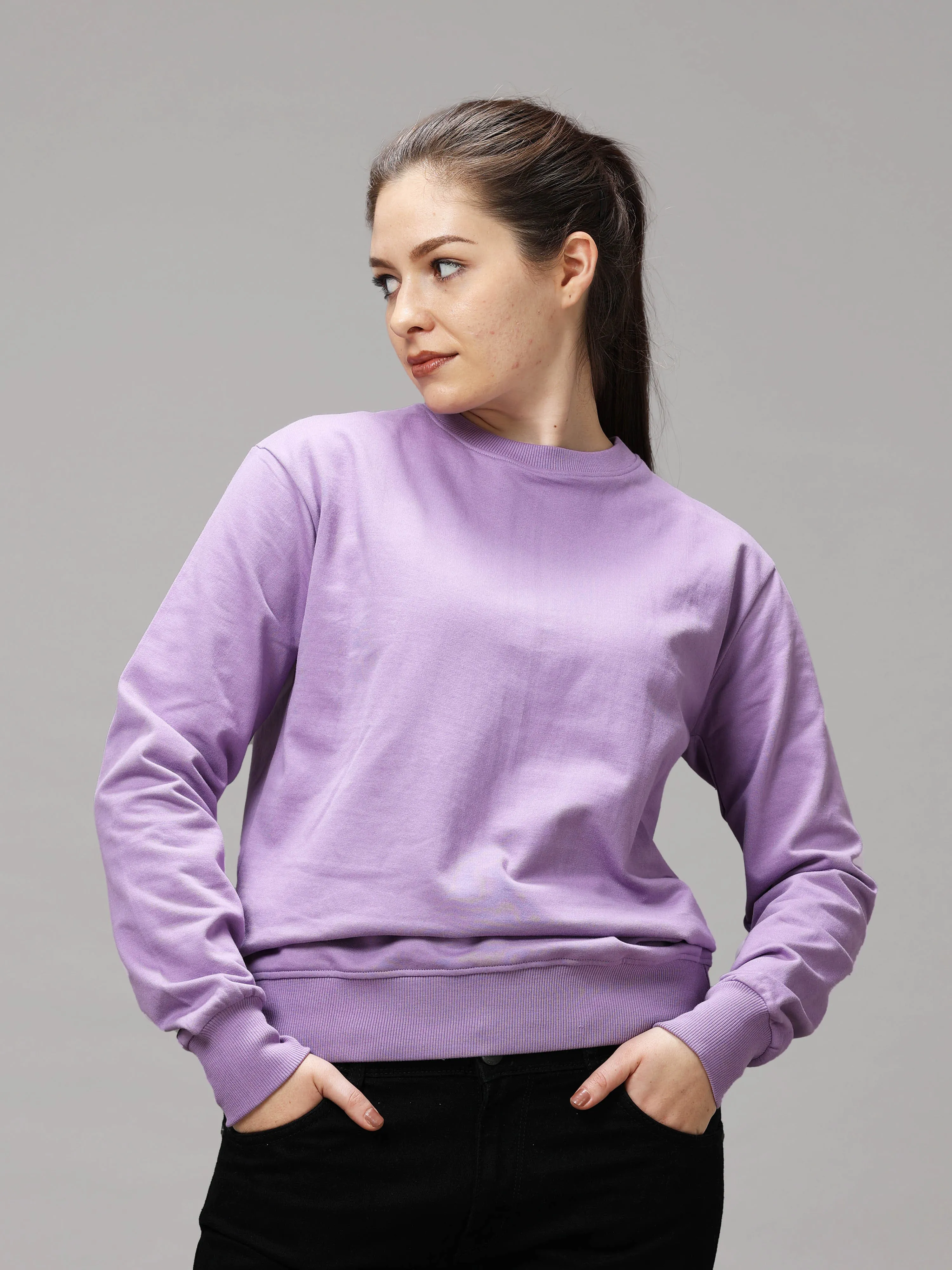 The Greenage Girl Solid Long Violet Sweat Shirt