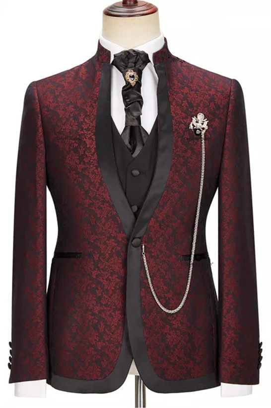 Timothy Burgundy Jacquard Stylish One Button 3-Piece Wedding Suit with Unique Lapel