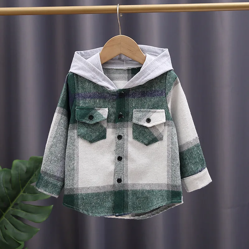 Toddler Girl/Boy 100% Cotton Button Design Plaid Hooded Jacket