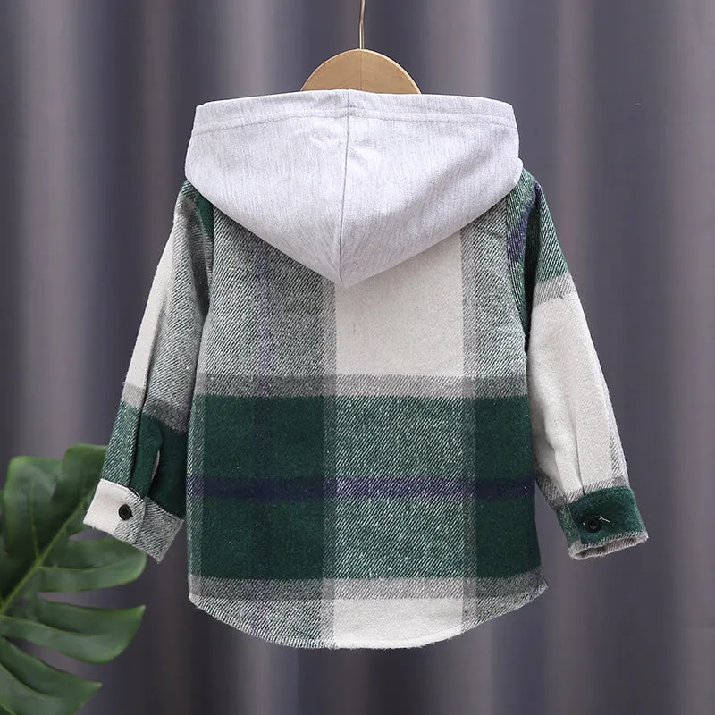 Toddler Girl/Boy 100% Cotton Button Design Plaid Hooded Jacket