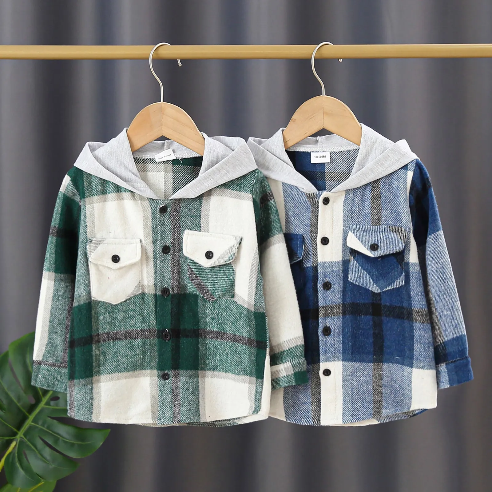 Toddler Girl/Boy 100% Cotton Button Design Plaid Hooded Jacket