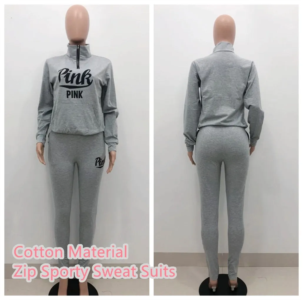 Two Piece Set Pink Letter Print Solid Casual Outfits Zip Sweatshirt