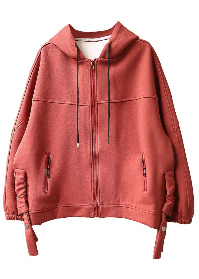 Vintage Red hooded Zippered Pockets Drawstring Fall Jackets Long sleeve