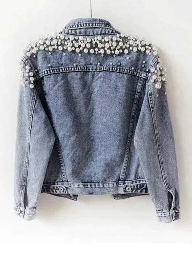 Wenkouban-Winter outfits Christmas Blue Pearl Beaded Short Denim Jacket