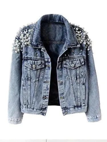 Wenkouban-Winter outfits Christmas Blue Pearl Beaded Short Denim Jacket