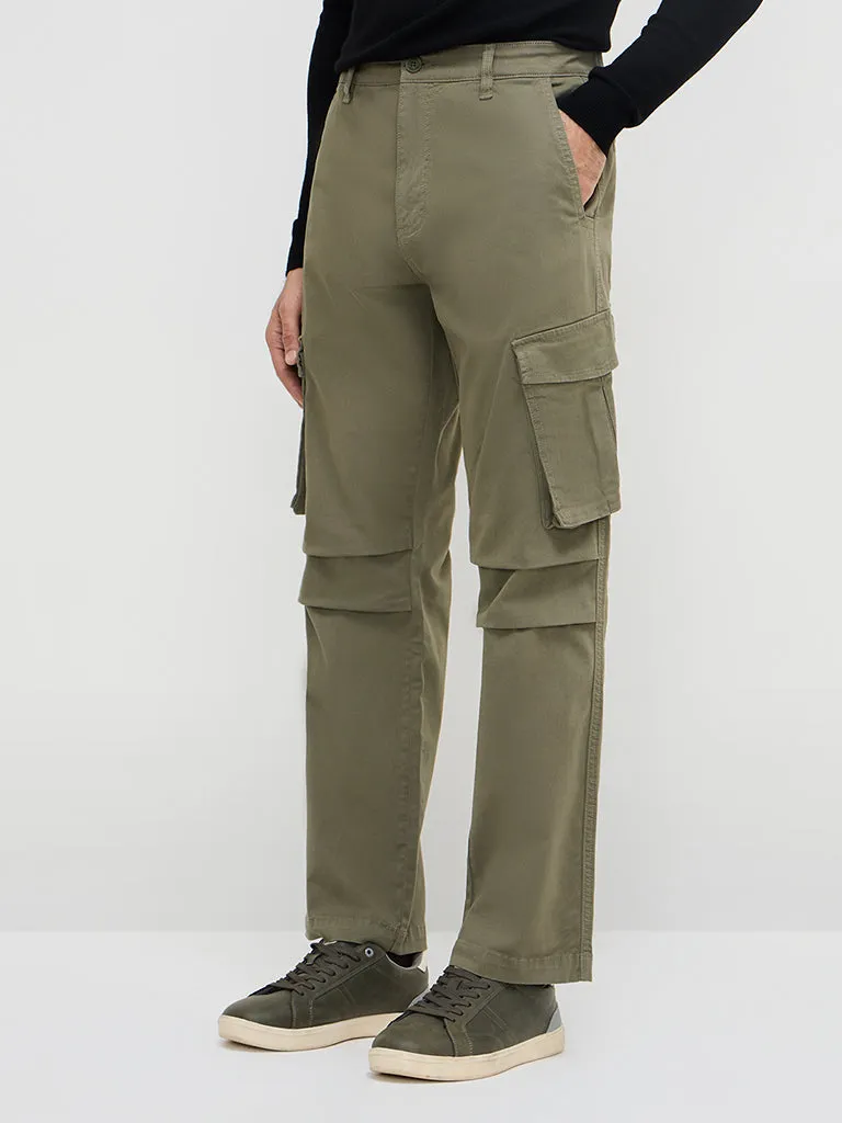 WES Casuals Olive Cargo-Style Relaxed-Fit Mid-Rise Cotton-Blend Chinos