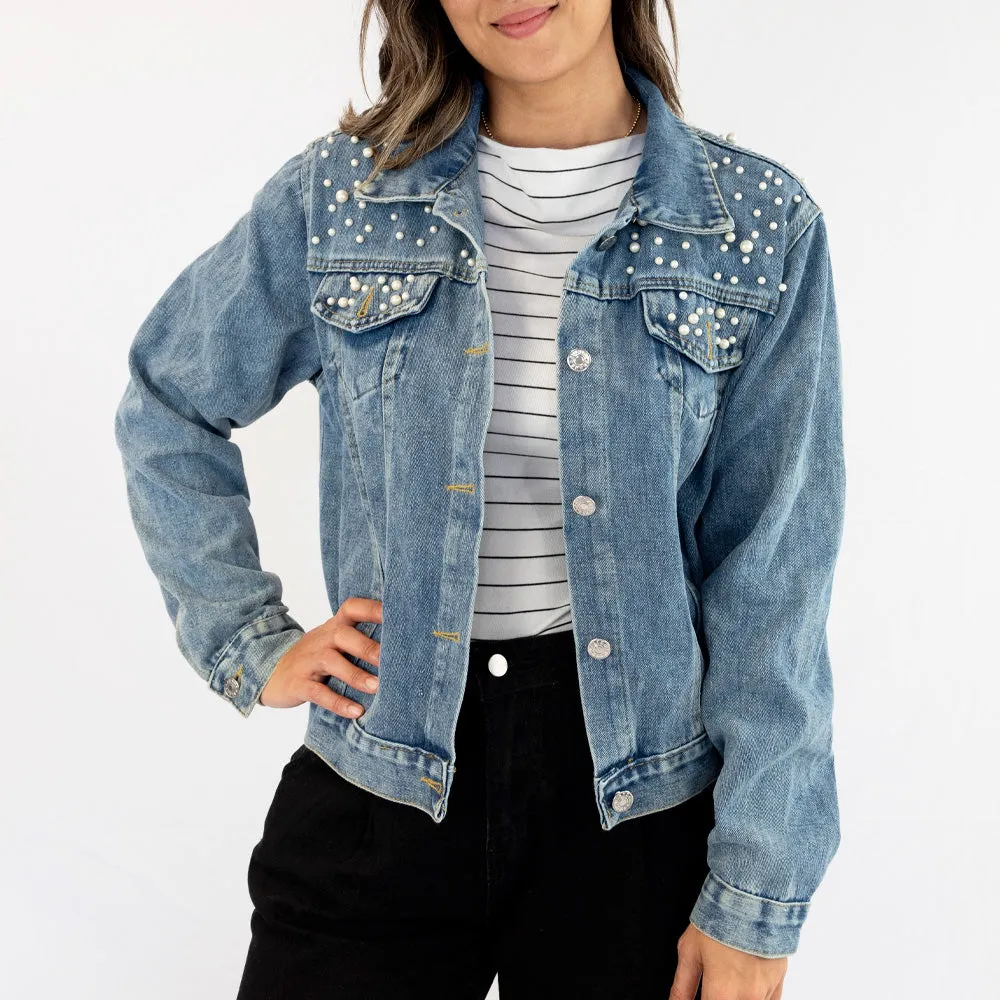 (White Pearl) Engagement Ring  Pearl Denim Jacket