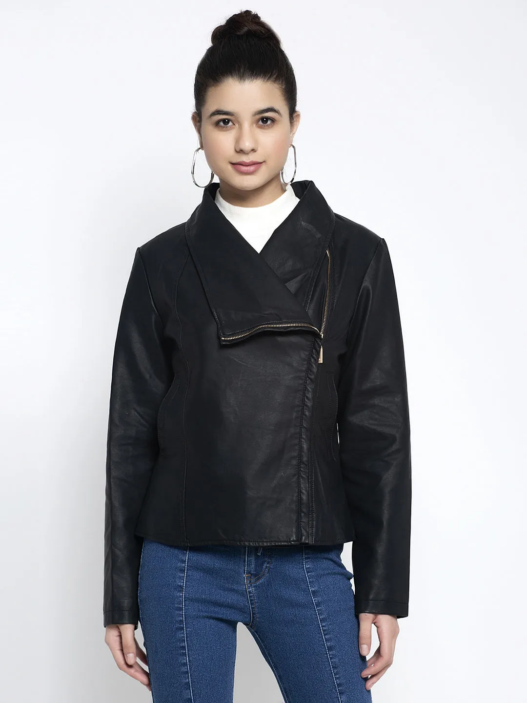 Women Black Solid  Collared Neck Regular Jacket