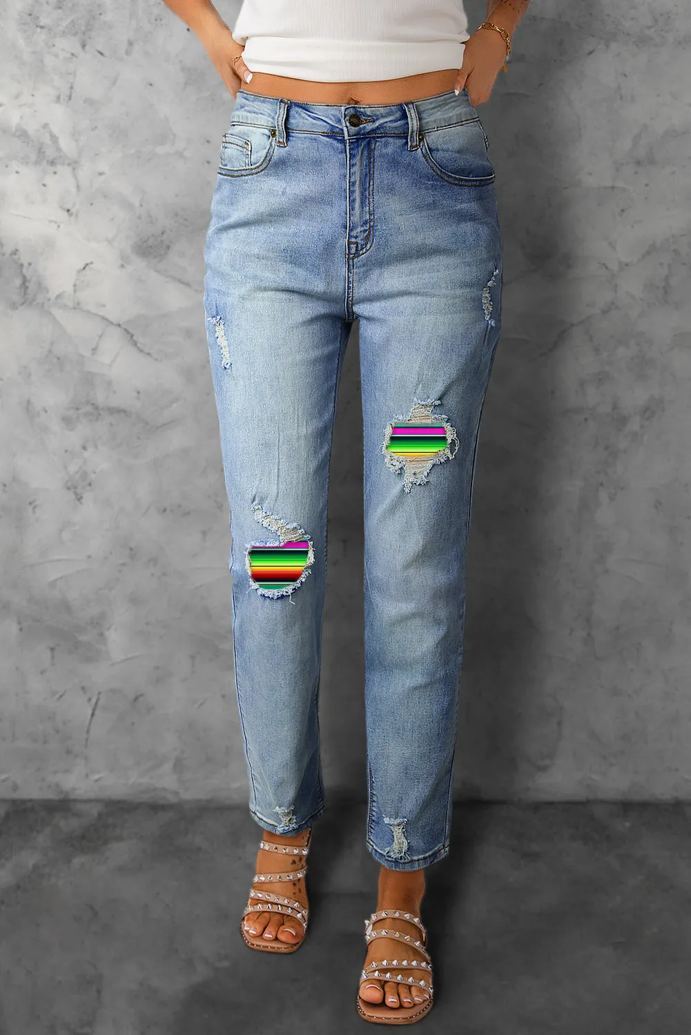 Women Pride Rainbow Print High Waist Skinny Ripped Jeans Destroyed Denim Pants