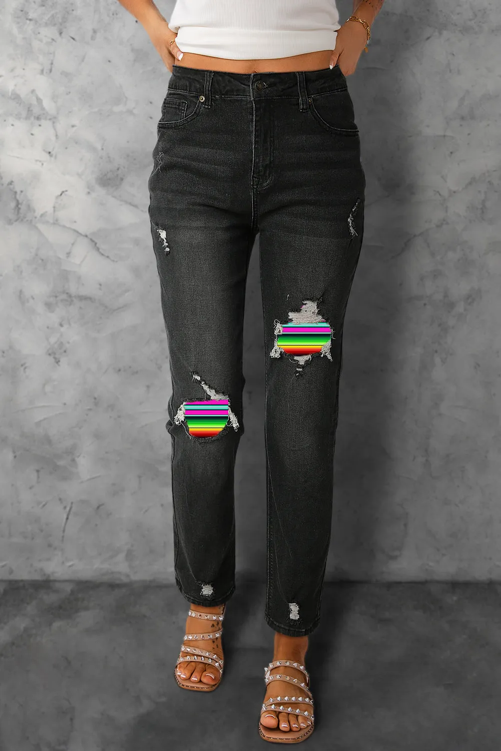 Women Pride Rainbow Print High Waist Skinny Ripped Jeans Destroyed Denim Pants