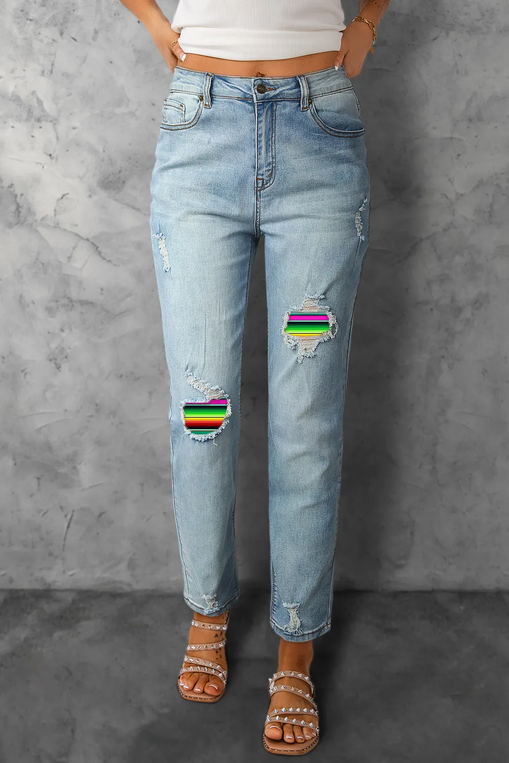 Women Pride Rainbow Print High Waist Skinny Ripped Jeans Destroyed Denim Pants