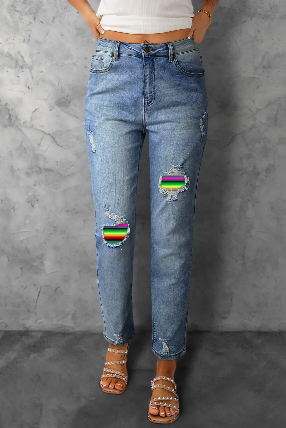 Women Pride Rainbow Print High Waist Skinny Ripped Jeans Destroyed Denim Pants