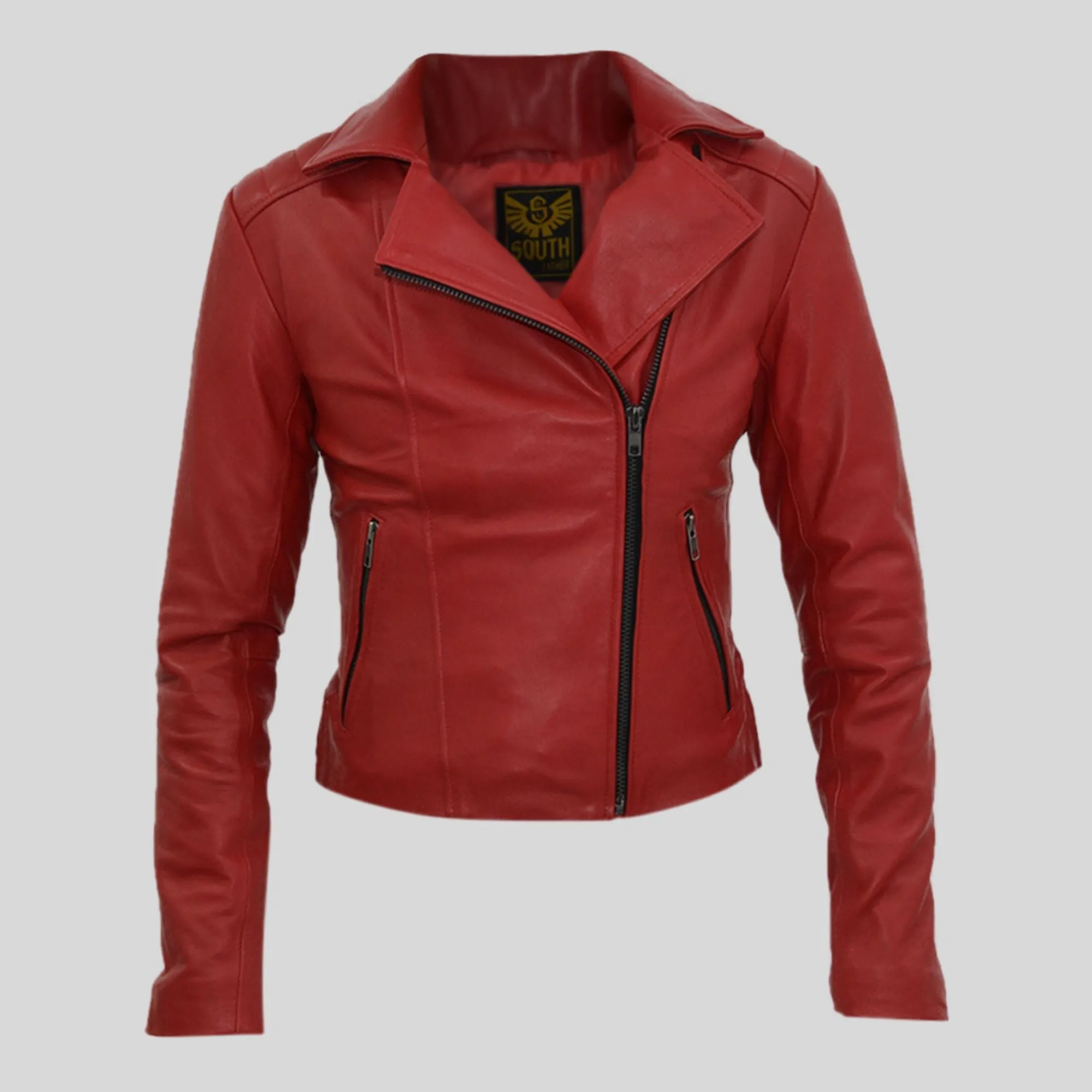 Women's Biker Padded Design Red Slim Fit Leather Jacket