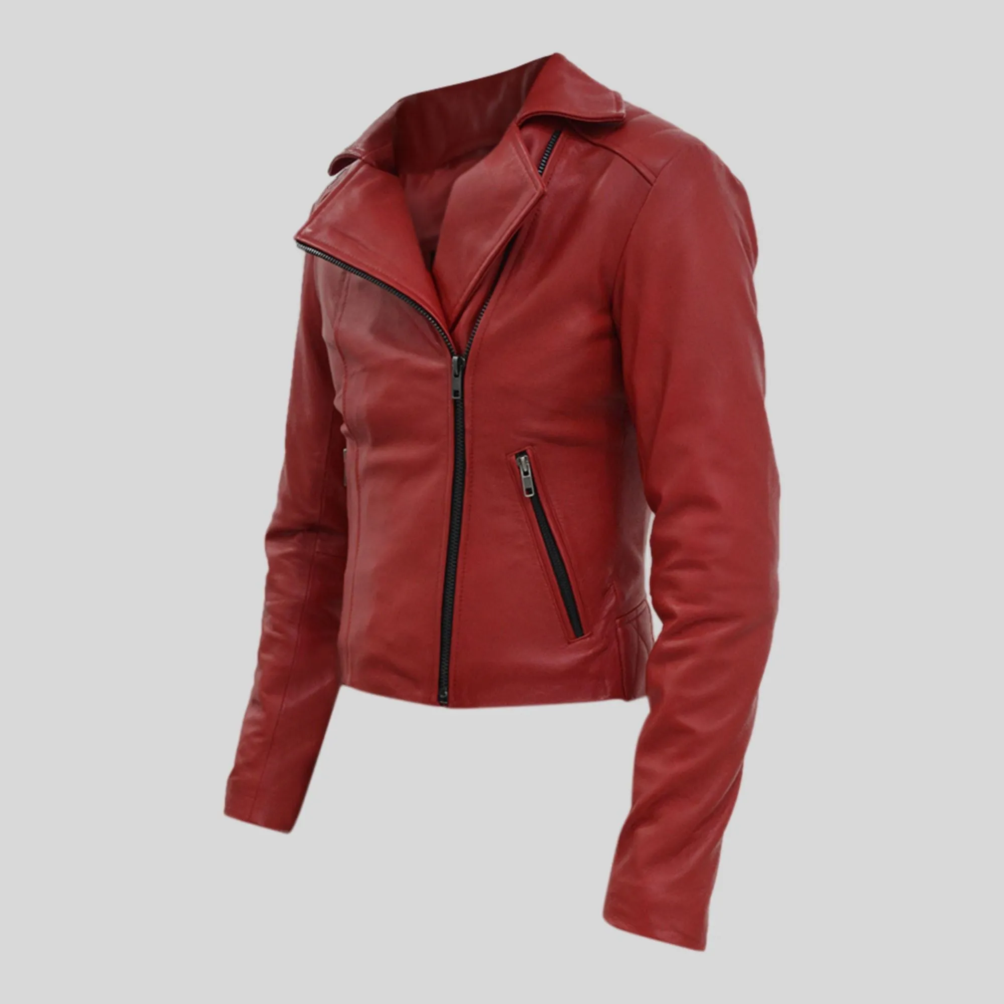 Women's Biker Padded Design Red Slim Fit Leather Jacket