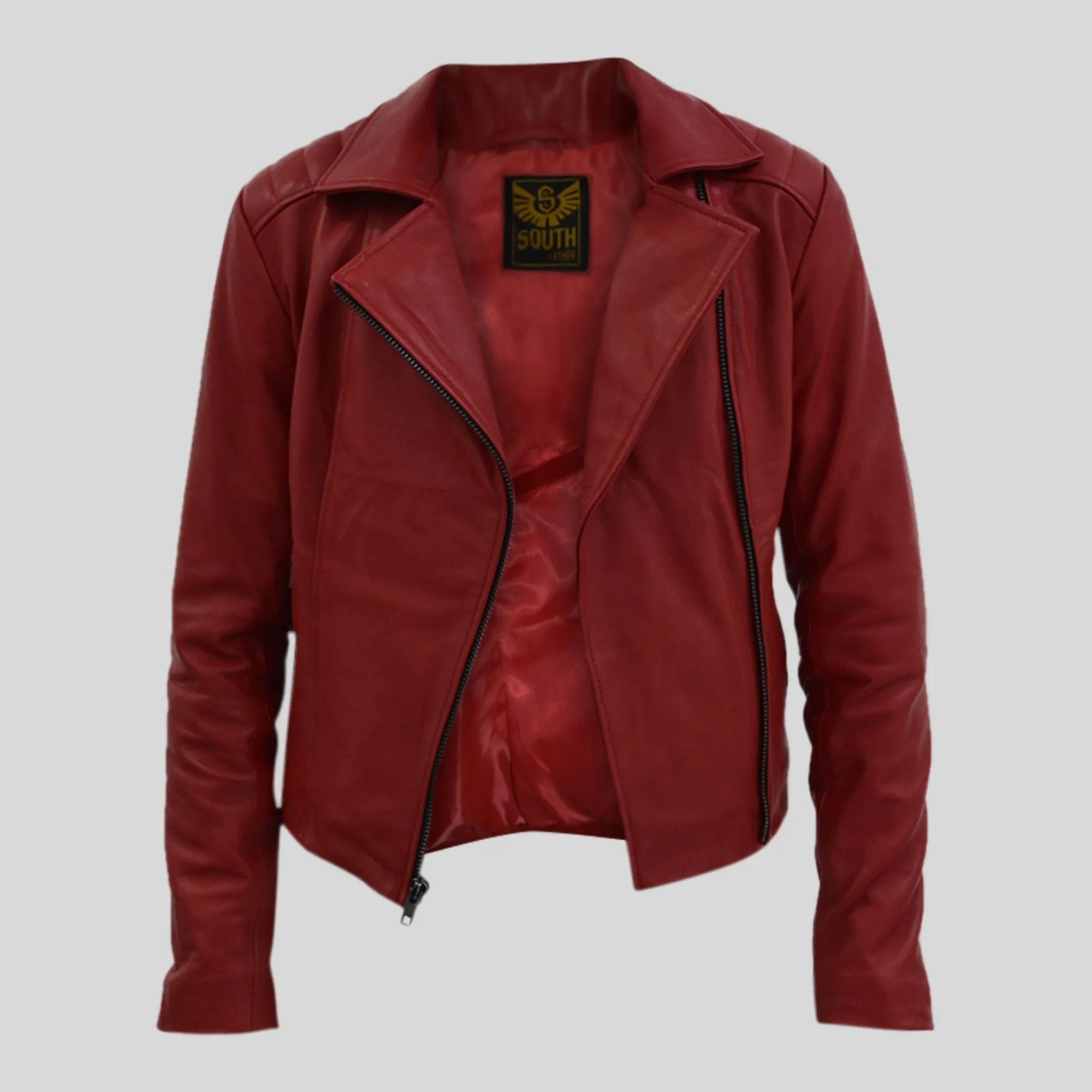 Women's Biker Padded Design Red Slim Fit Leather Jacket