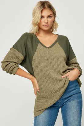 Womens Colorblock Waffle Knit Top