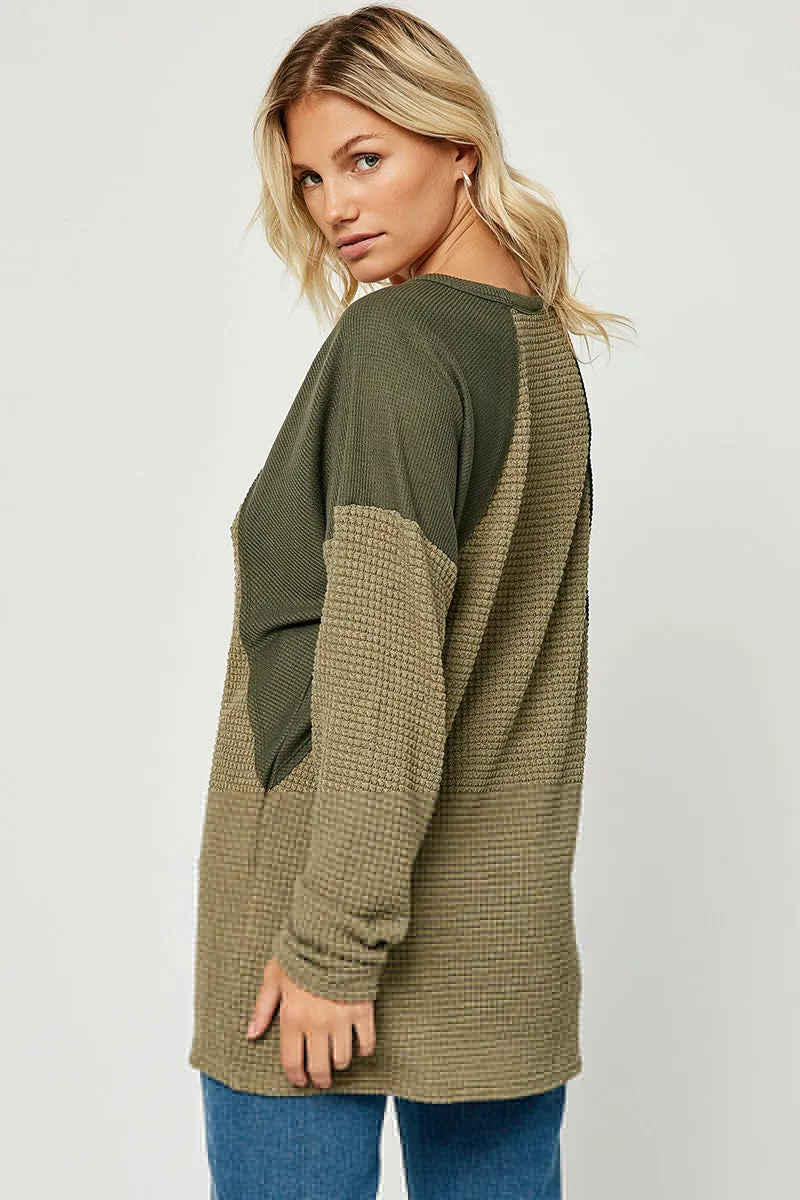 Womens Colorblock Waffle Knit Top