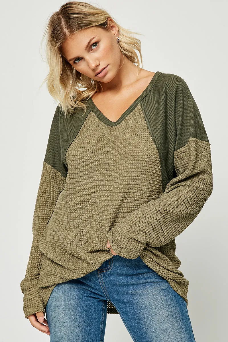 Womens Colorblock Waffle Knit Top