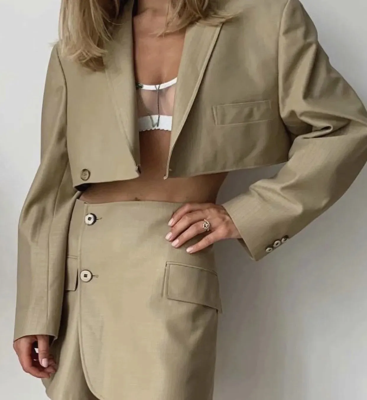 Women's Commute Solid Casual Short Suit High Waist Button Suit Jacket Skirt Suit 2pcs Sets