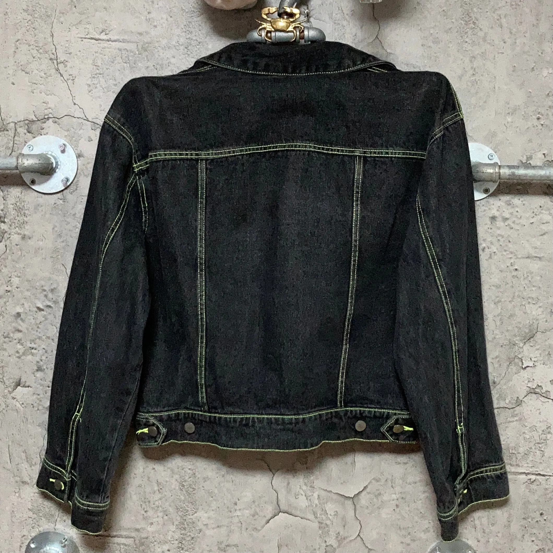 yellow green stitched black denim jacket H&M