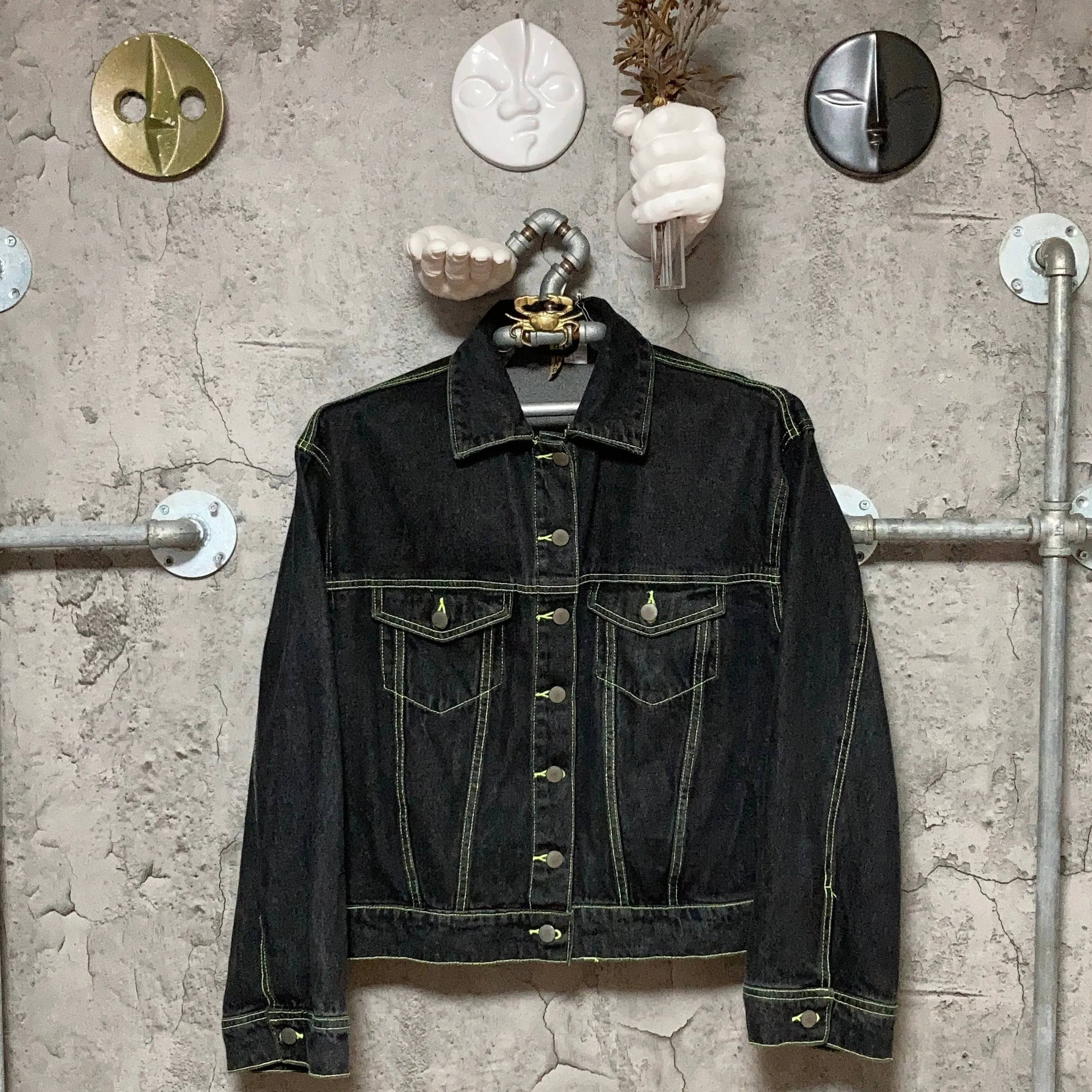 yellow green stitched black denim jacket H&M